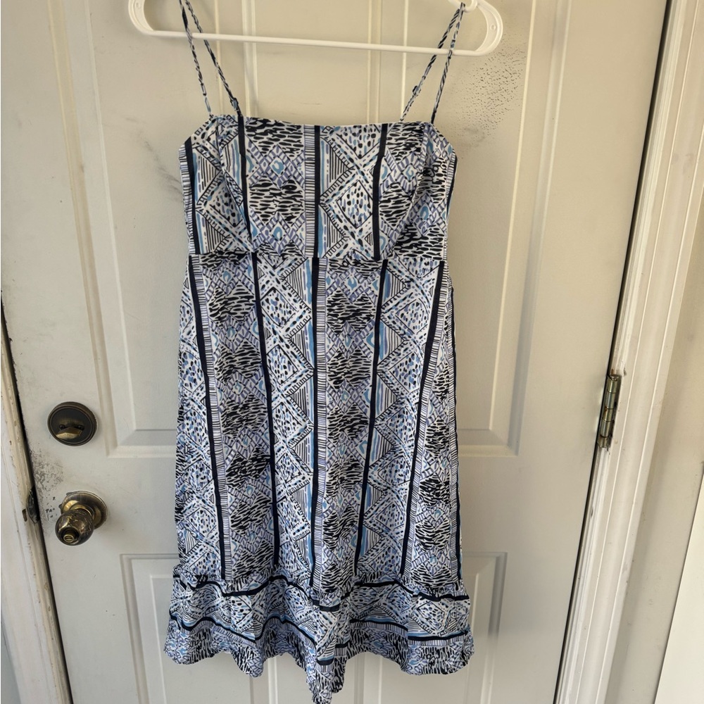 Sail to Sable women’s blue, white and black pattered strappy mini dress